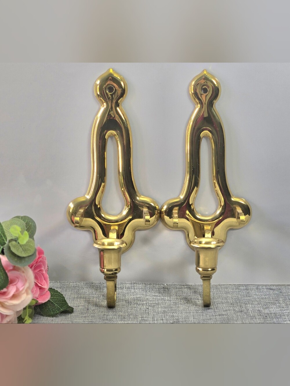 Vintage PartyLite Solid Brass Wall Sconce Candle Holders Set of 2 Teardrop MCM
